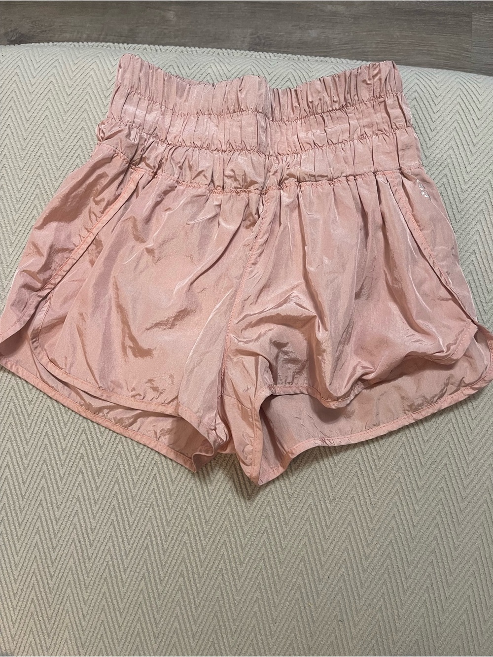 Free People Shimmery Light Pink Smocked-Waist Athletic Shorts medium m